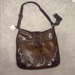 Brown Leather Boho Tassel Shoulder Bag with Ring Accent